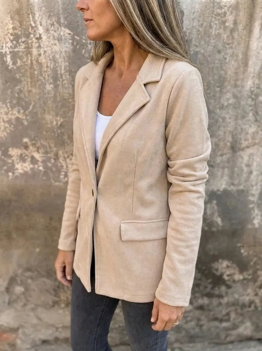 Polyester Blend Regular Fit Button Front Blazer with Lapel Collar for Women