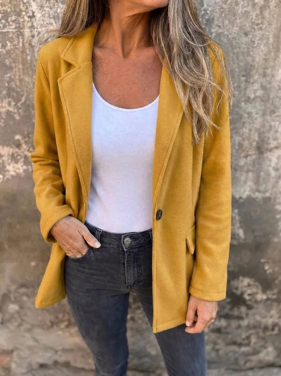 Polyester Blend Regular Fit Button Front Blazer with Lapel Collar for Women