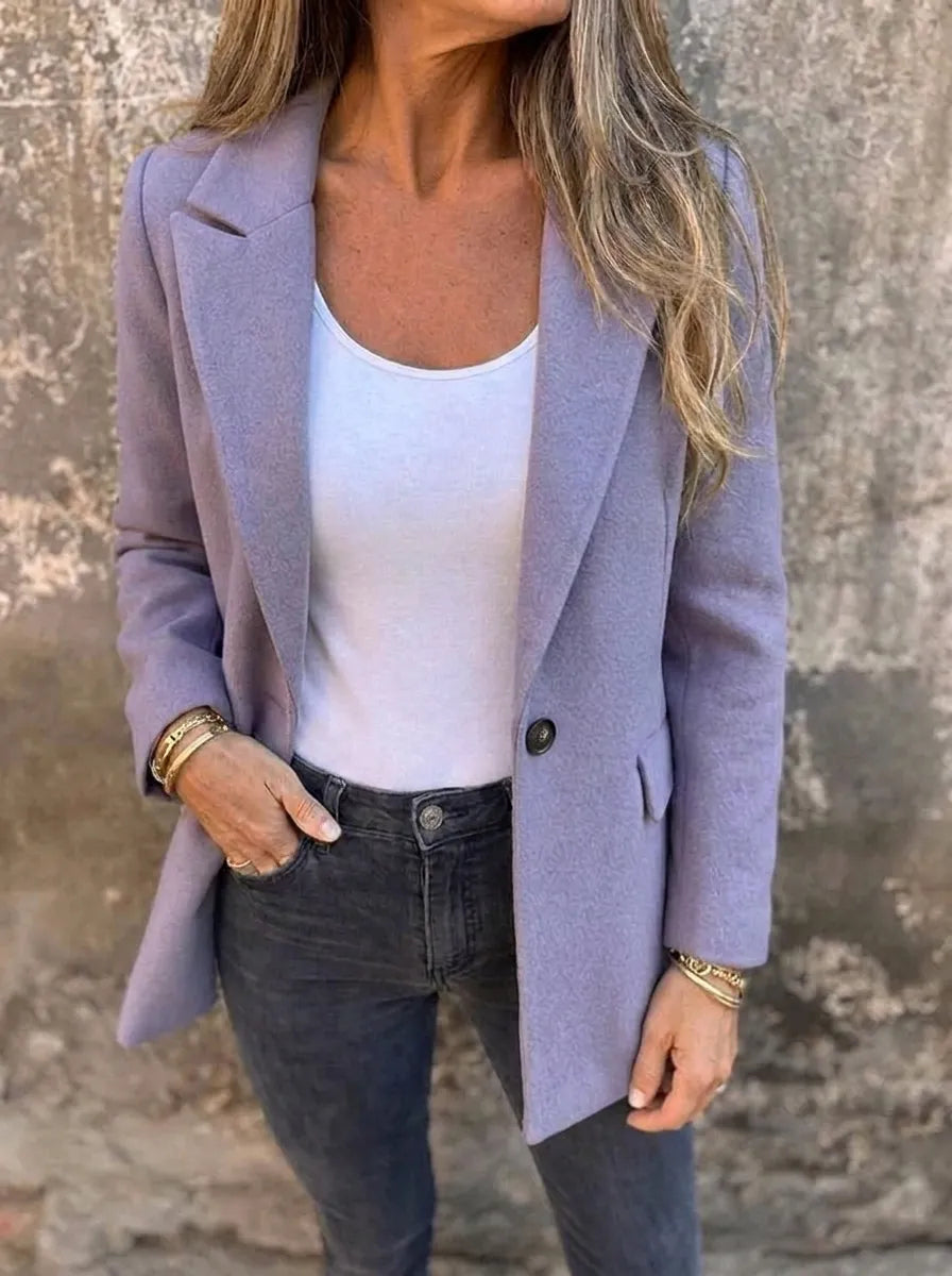 Polyester Blend Regular Fit Button Front Blazer with Lapel Collar for Women