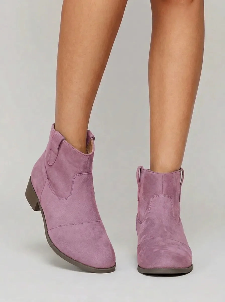 Western Stitched Flat Heel Ankle Boots for Women | Blue Brown Pink Black Grey