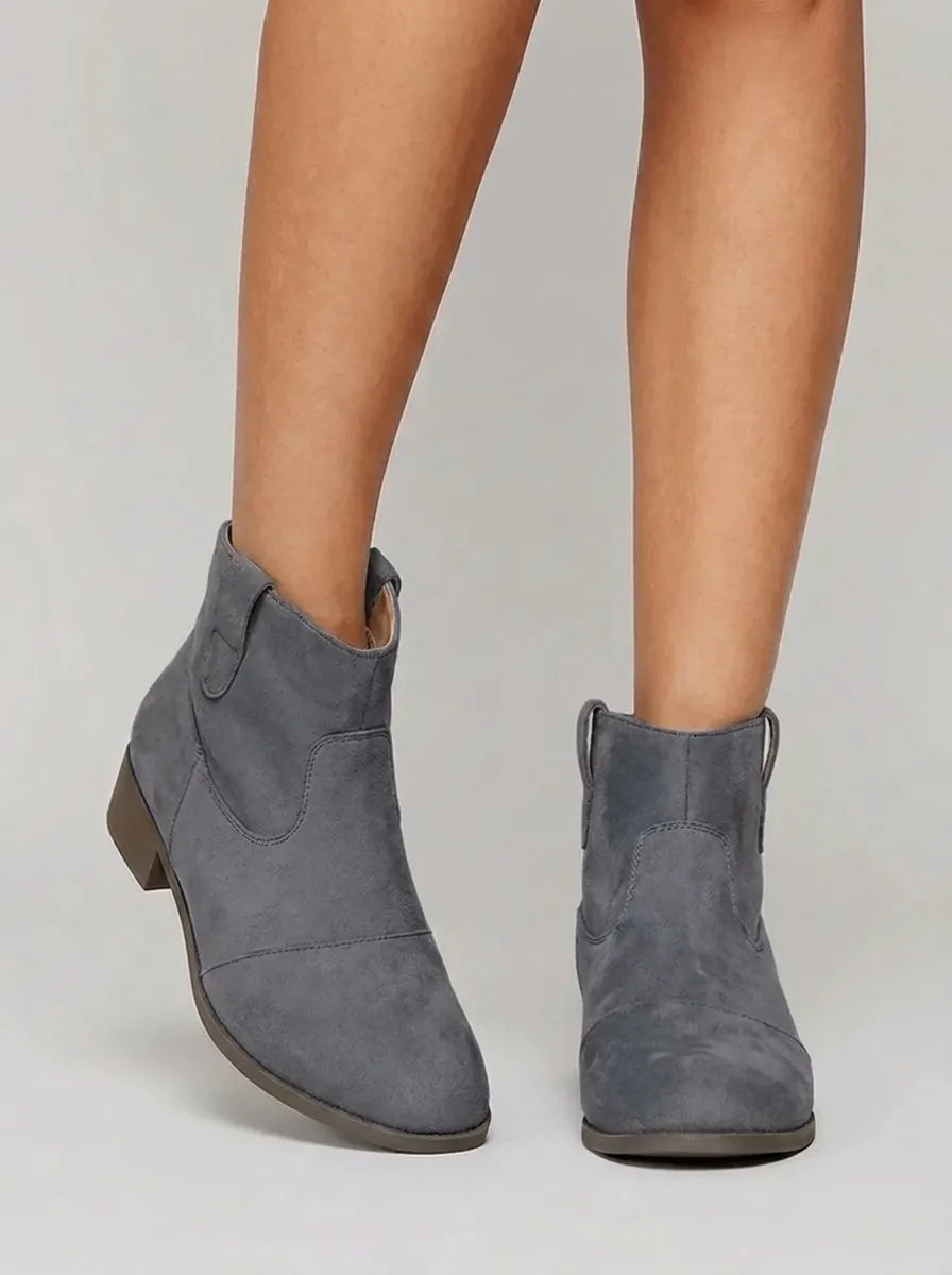 Western Stitched Flat Heel Ankle Boots for Women | Blue Brown Pink Black Grey