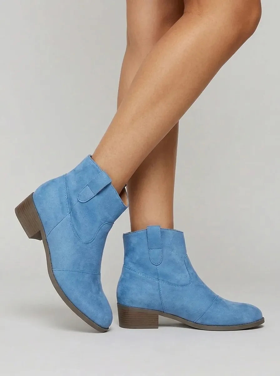 Western Stitched Flat Heel Ankle Boots for Women | Blue Brown Pink Black Grey