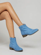Western Stitched Flat Heel Ankle Boots for Women | Blue Brown Pink Black Grey