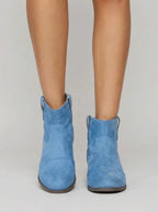 Western Stitched Flat Heel Ankle Boots for Women | Blue Brown Pink Black Grey