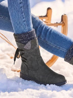 Waterproof PU Leather Calf Length Zip Boots with Wool Lining for Women
