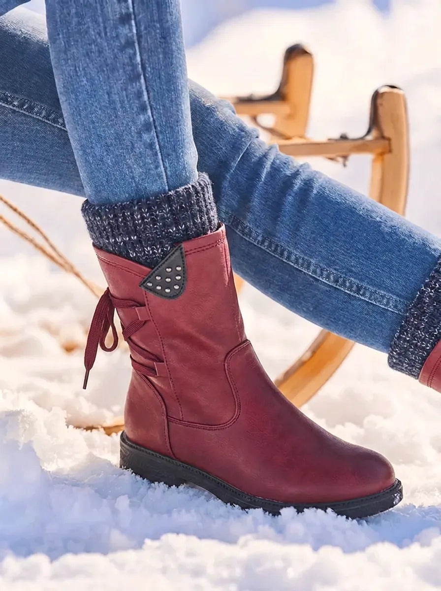 Waterproof PU Leather Calf Length Zip Boots with Wool Lining for Women