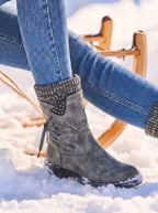 Waterproof PU Leather Calf Length Zip Boots with Wool Lining for Women