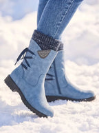 Waterproof PU Leather Calf Length Zip Boots with Wool Lining for Women