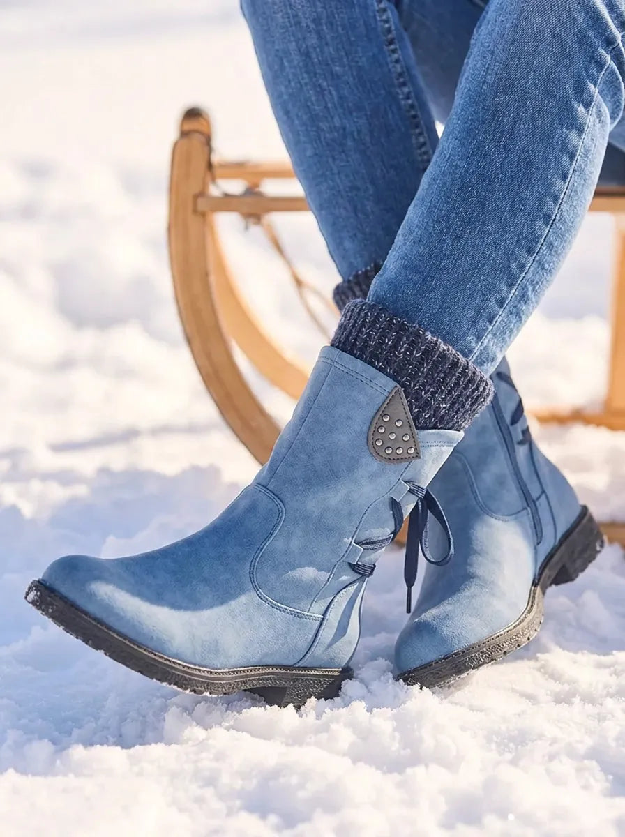 Waterproof PU Leather Calf Length Zip Boots with Wool Lining for Women