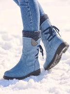 Waterproof PU Leather Calf Length Zip Boots with Wool Lining for Women