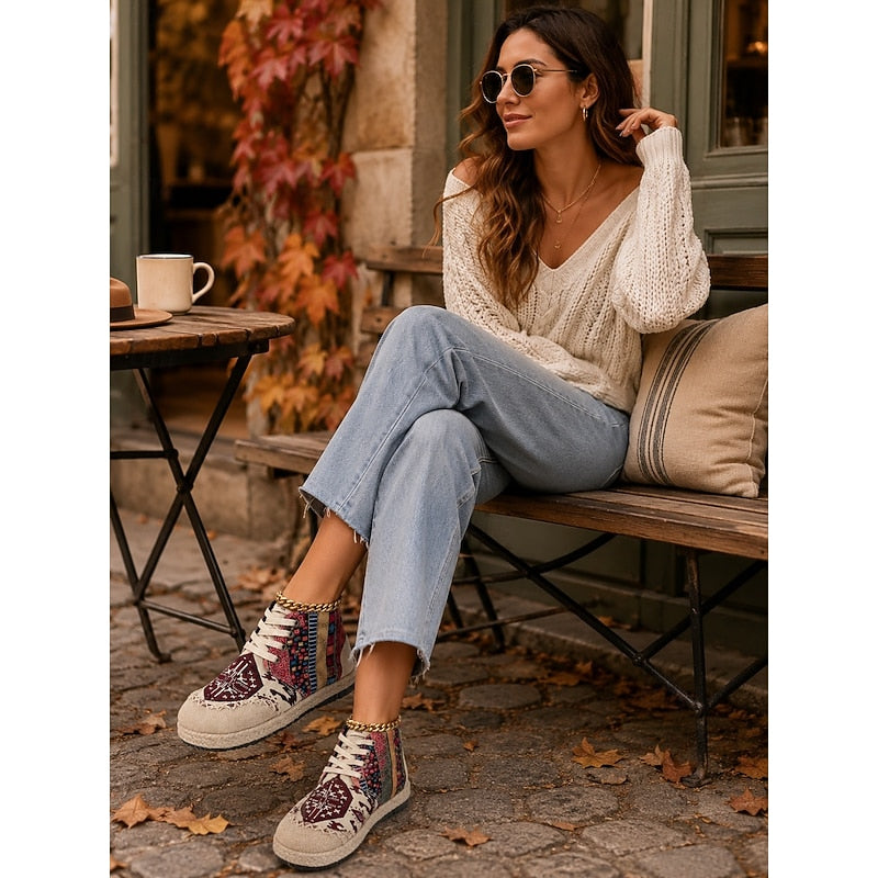 Red and Blue Bohemian Patterned High Top Lace Up Platform Trainers for Women