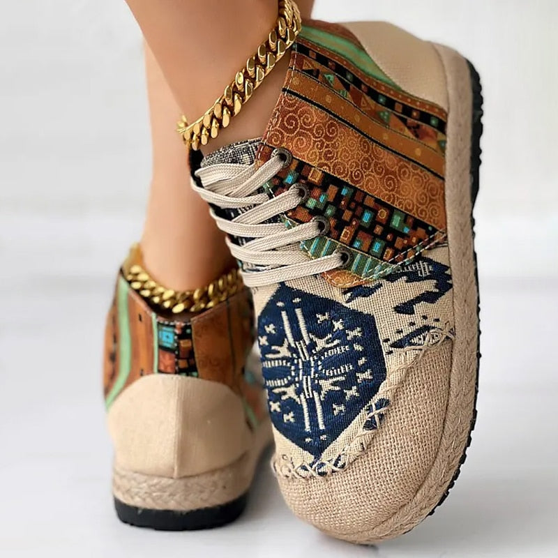 Red and Blue Bohemian Patterned High Top Lace Up Platform Trainers for Women