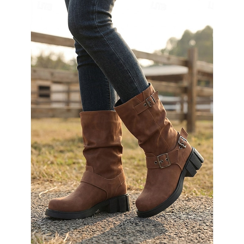 Chunky Sole Mid Calf Biker Boots with Buckle Detail and Block Heel for Women