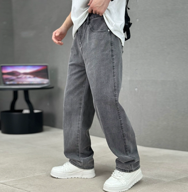 Grey Washed Wide Leg Denim Jeans for Men