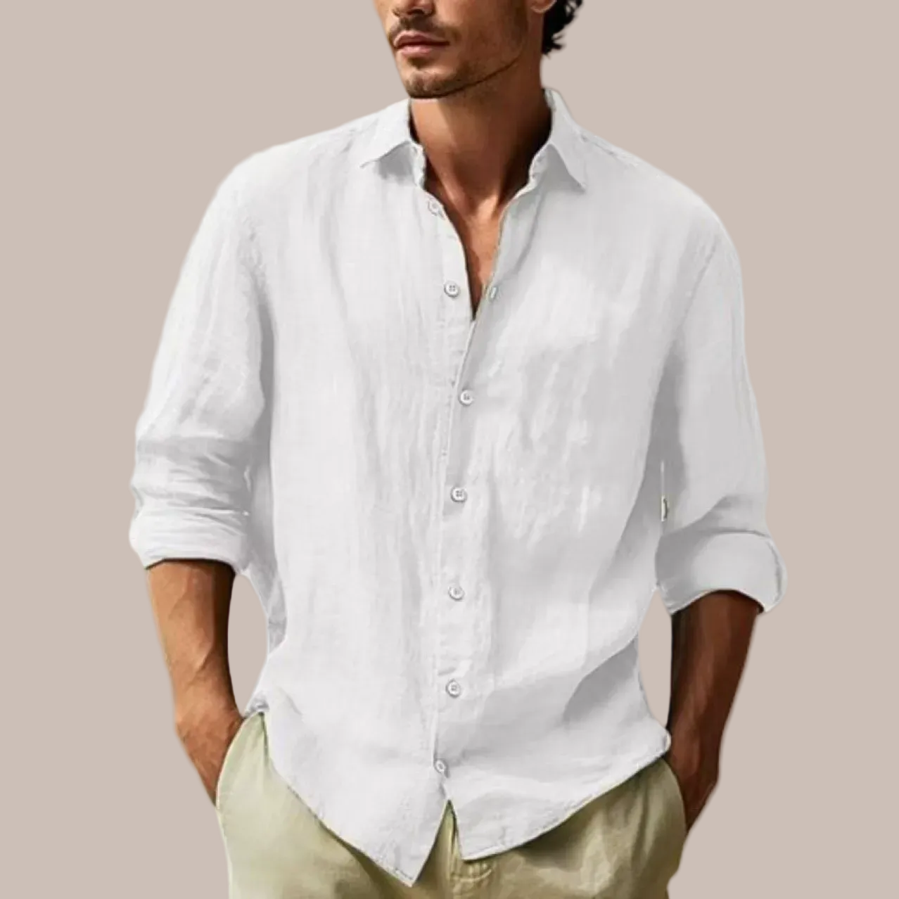 Linen-Blend Button-Front Long Sleeve Shirt for Men