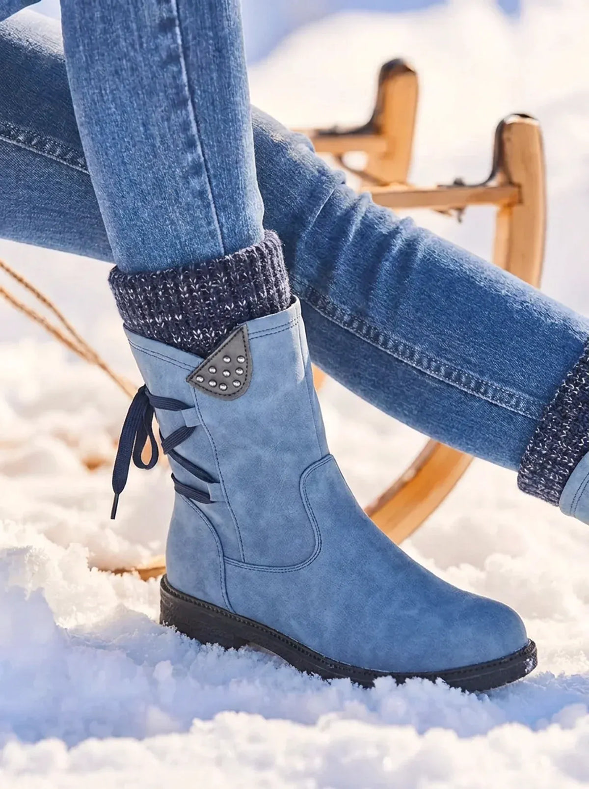 Waterproof PU Leather Calf Length Zip Boots with Wool Lining for Women