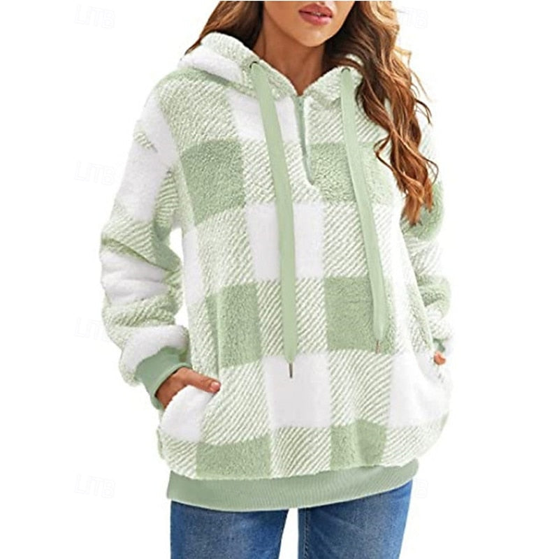Checkered Quarter Zip Hoodie for Women | Relaxed Fit with Front Pocket