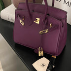 Genuine Leather Twist Lock Handbag with Gold Hardware and Pockets for Women