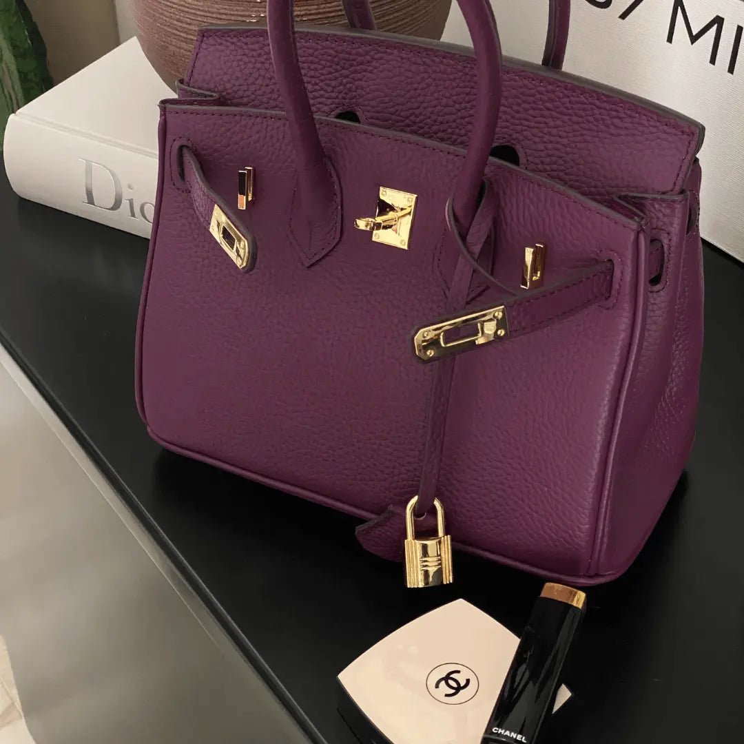 Genuine Leather Twist Lock Handbag with Gold Hardware and Pockets for Women