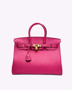 Genuine Leather Twist Lock Handbag with Gold Hardware and Pockets for Women
