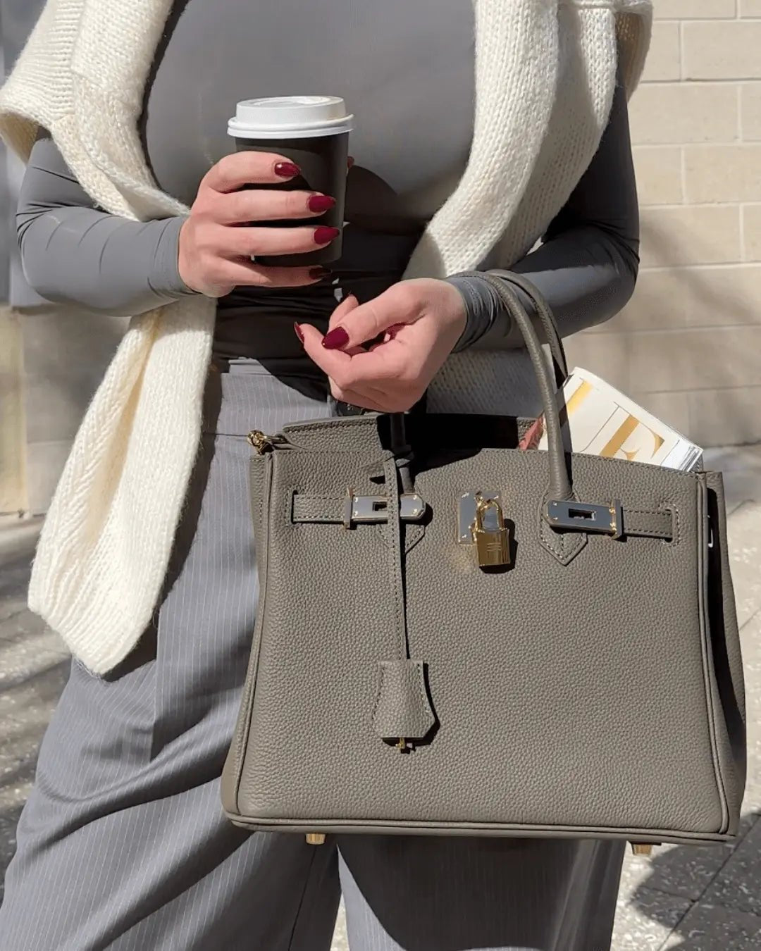Genuine Leather Twist Lock Handbag with Gold Hardware and Pockets for Women