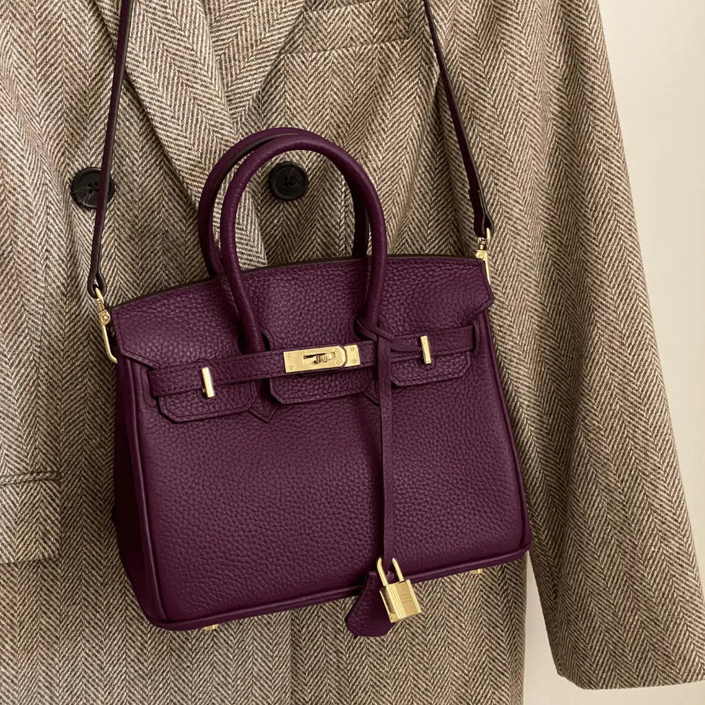 Genuine Leather Twist Lock Handbag with Gold Hardware and Pockets for Women
