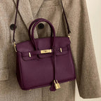 Genuine Leather Twist Lock Handbag with Gold Hardware and Pockets for Women