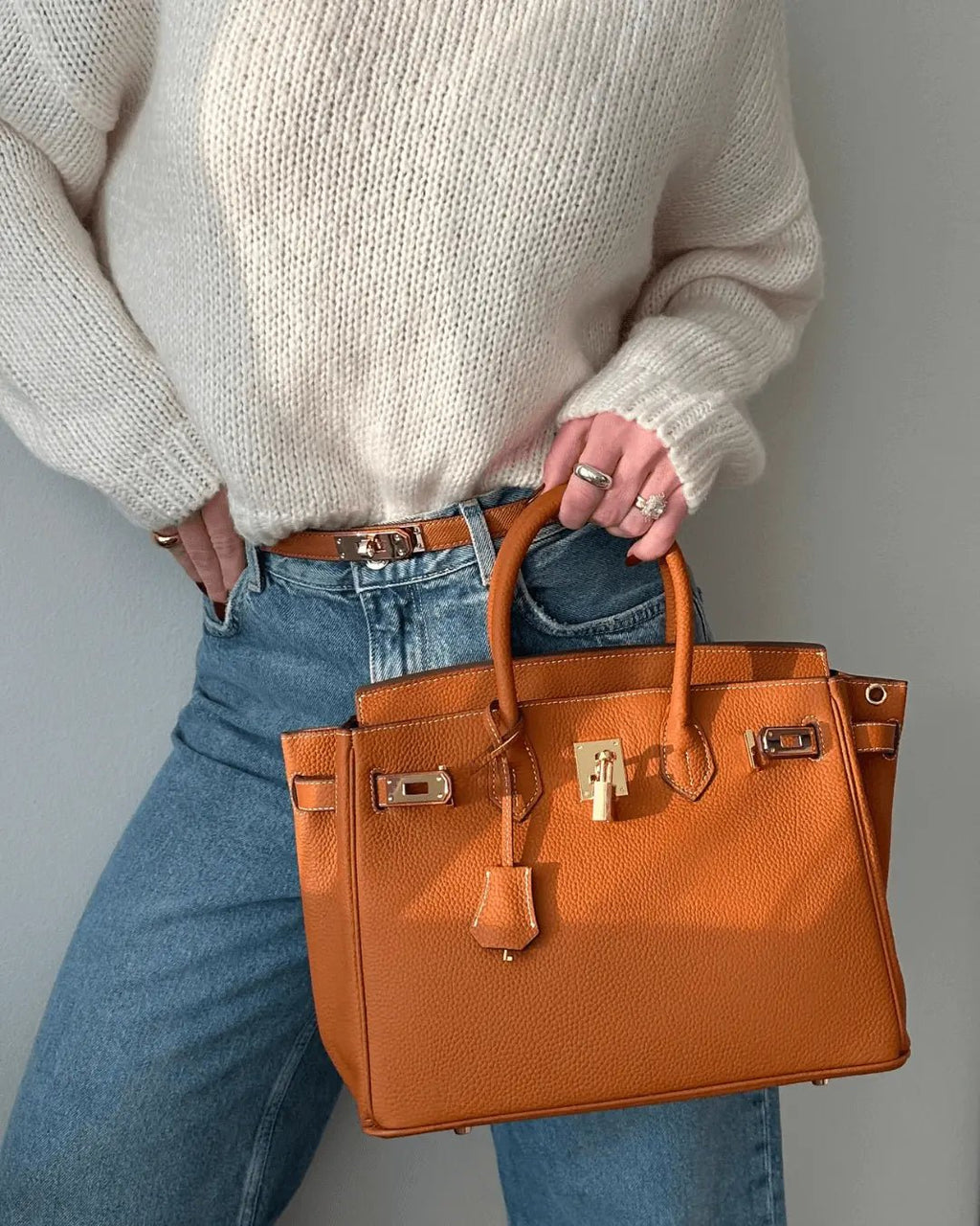 Genuine Leather Twist Lock Handbag with Gold Hardware and Pockets for Women