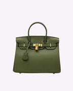 Genuine Leather Twist Lock Handbag with Gold Hardware and Pockets for Women