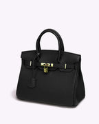 Genuine Leather Twist Lock Handbag with Gold Hardware and Pockets for Women