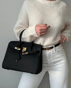 Genuine Leather Twist Lock Handbag with Gold Hardware and Pockets for Women