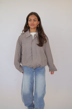Brown Check Round Neck Zip Jacket for Women