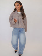 Brown Check Round Neck Zip Jacket for Women