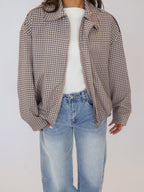 Brown Check Round Neck Zip Jacket for Women