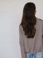 Brown Check Round Neck Zip Jacket for Women