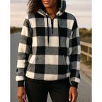 Checkered Quarter Zip Hoodie for Women | Relaxed Fit with Front Pocket