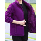 Plush Lined Stand Collar Loose Fit Jacket for Women | Full Zip with Pockets