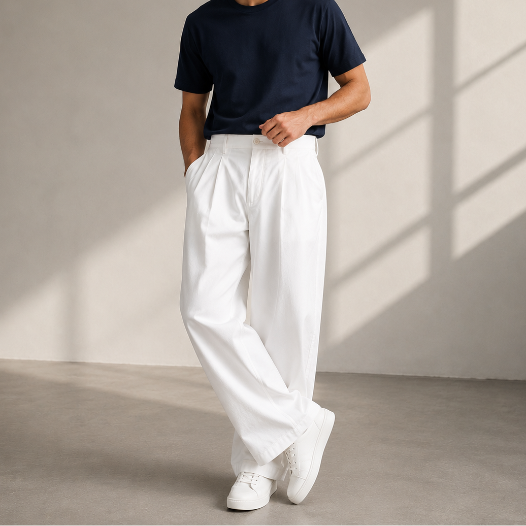 Pleated Wide Leg Relaxed Fit Full Length Trousers for Men | Everyday Travel