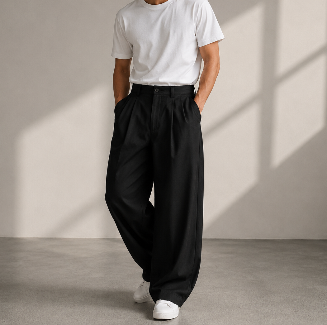 Pleated Wide Leg Relaxed Fit Full Length Trousers for Men | Everyday Travel