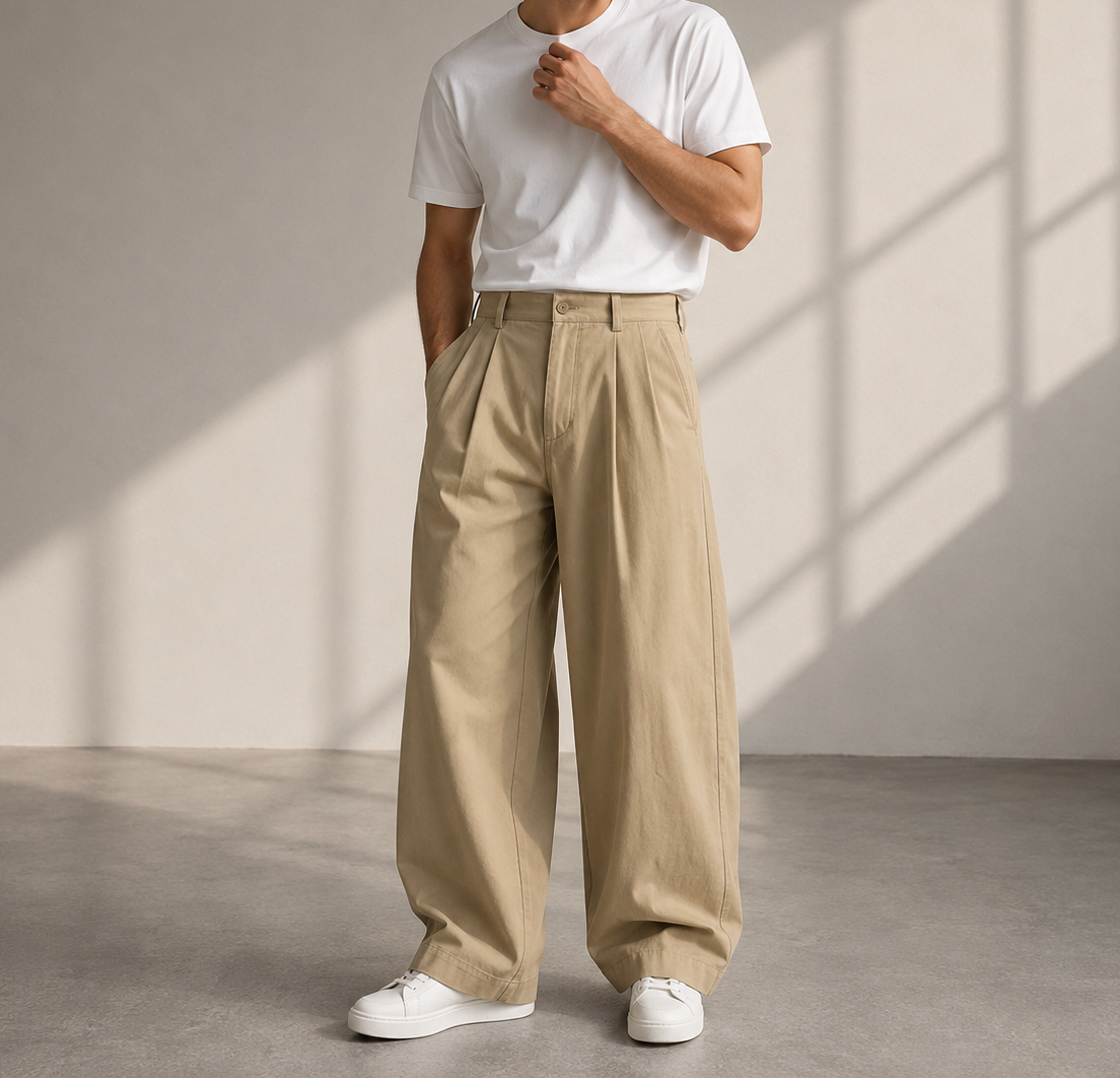 Pleated Wide Leg Relaxed Fit Full Length Trousers for Men | Everyday Travel