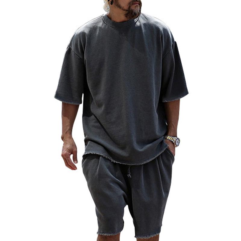 Loose Fit Cotton Crew Neck Tee and Shorts Set for Men | Summer Loungewear
