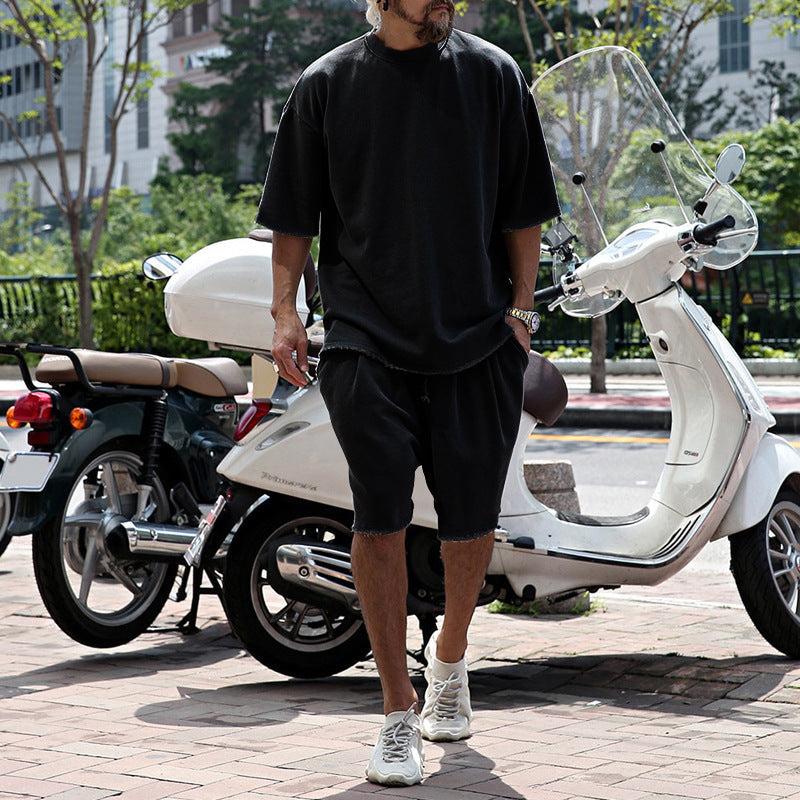 Loose Fit Cotton Crew Neck Tee and Shorts Set for Men | Summer Loungewear