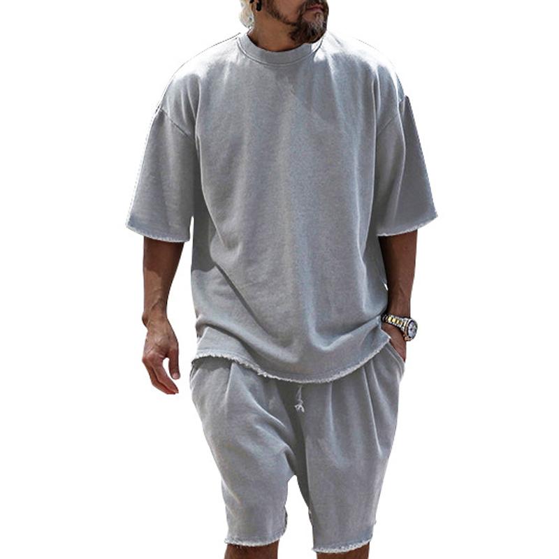 Loose Fit Cotton Crew Neck Tee and Shorts Set for Men | Summer Loungewear