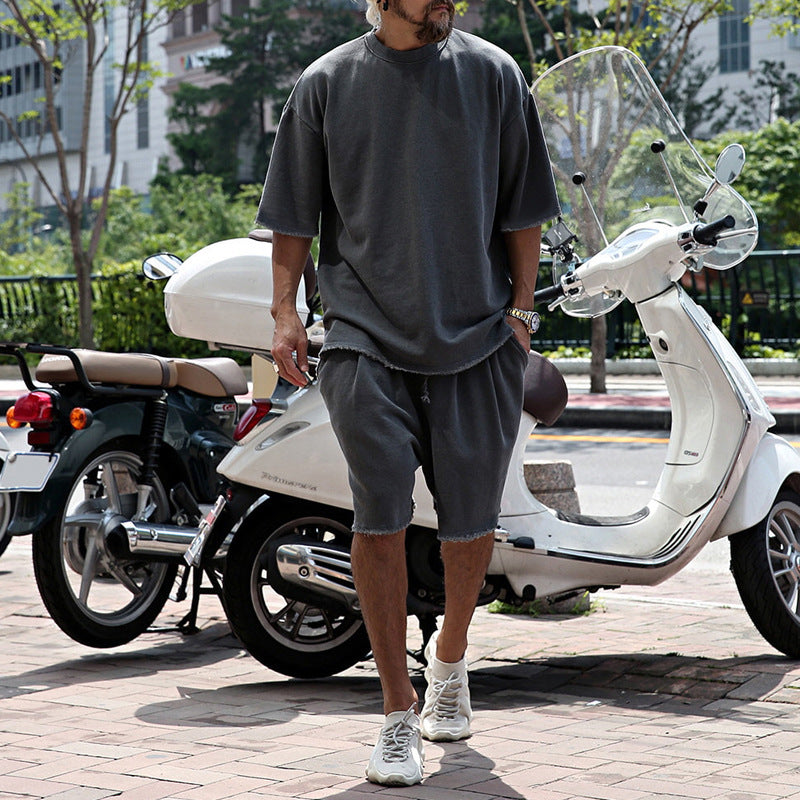 Loose Fit Cotton Crew Neck Tee and Shorts Set for Men | Summer Loungewear