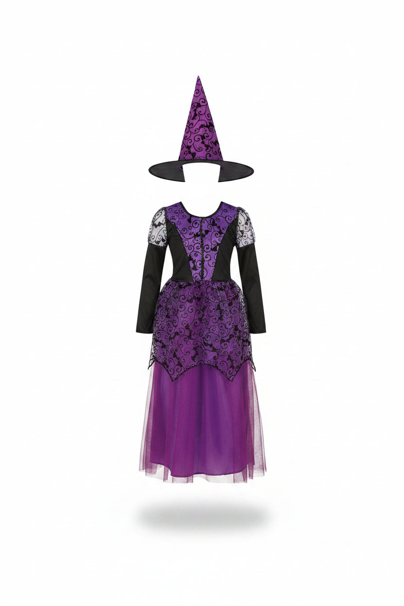 Purple Black Bat Witch Dress with Hat Costume for Girls | Halloween Parties