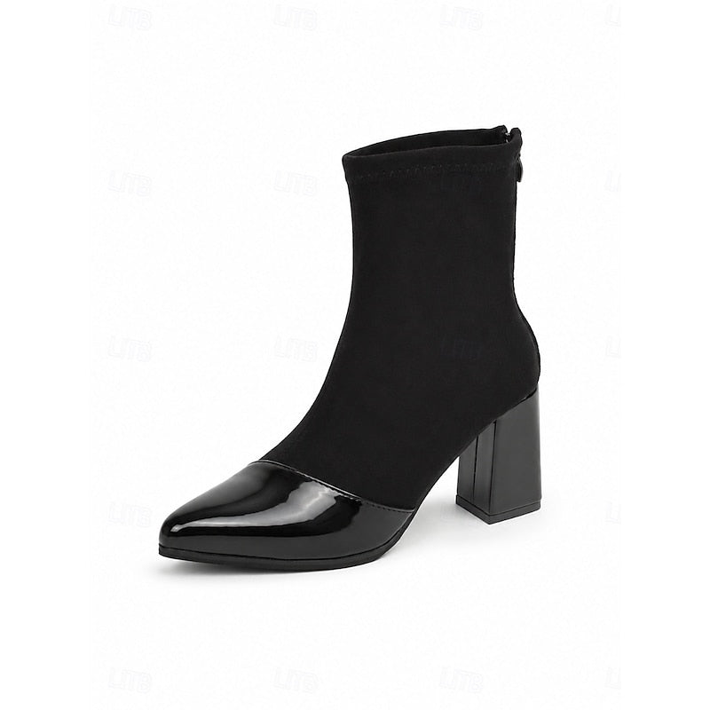 Stretch Shaft Cap Toe Chunky Block Heel Ankle Boots for Women | Office Wear