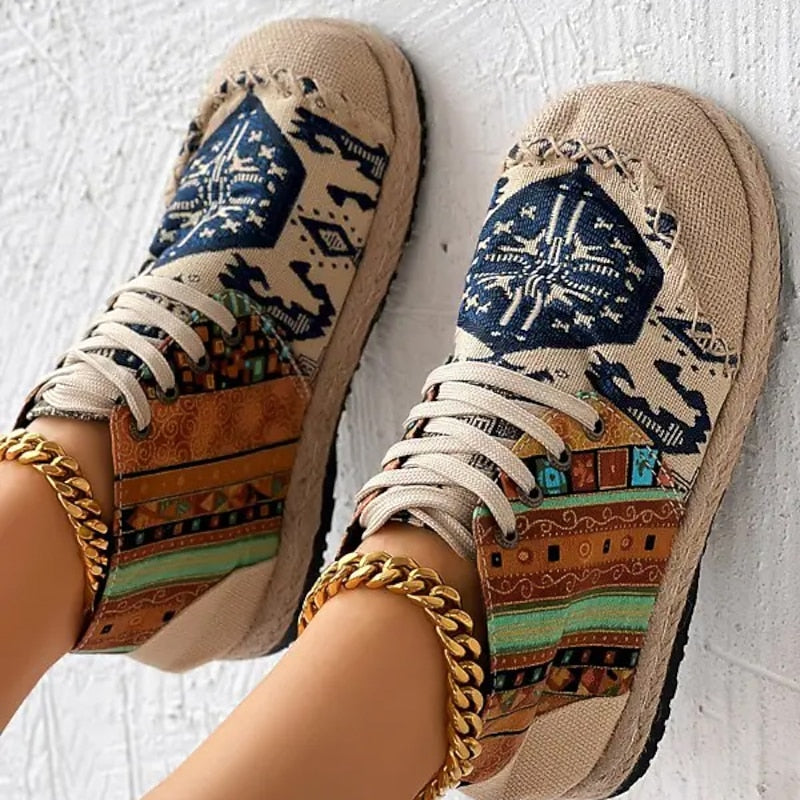 Red and Blue Bohemian Patterned High Top Lace Up Platform Trainers for Women