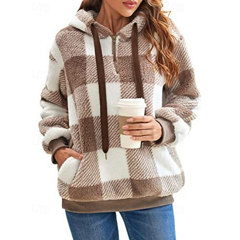 Checkered Quarter Zip Hoodie for Women | Relaxed Fit with Front Pocket