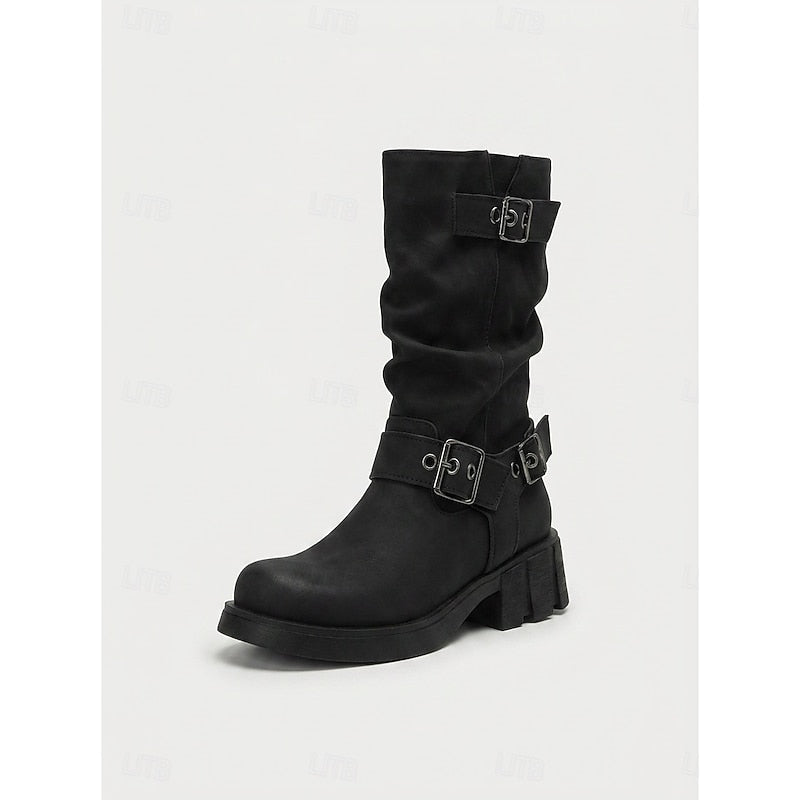 Chunky Sole Mid Calf Biker Boots with Buckle Detail and Block Heel for Women