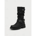 Chunky Sole Mid Calf Biker Boots with Buckle Detail and Block Heel for Women